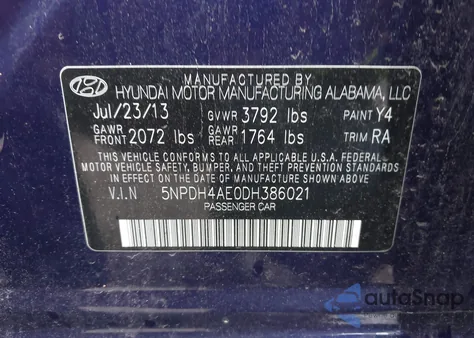 2013 Hyundai Elantra Gls z USA, uszkodzony, nr VIN 5NPDH4AE0DH386021